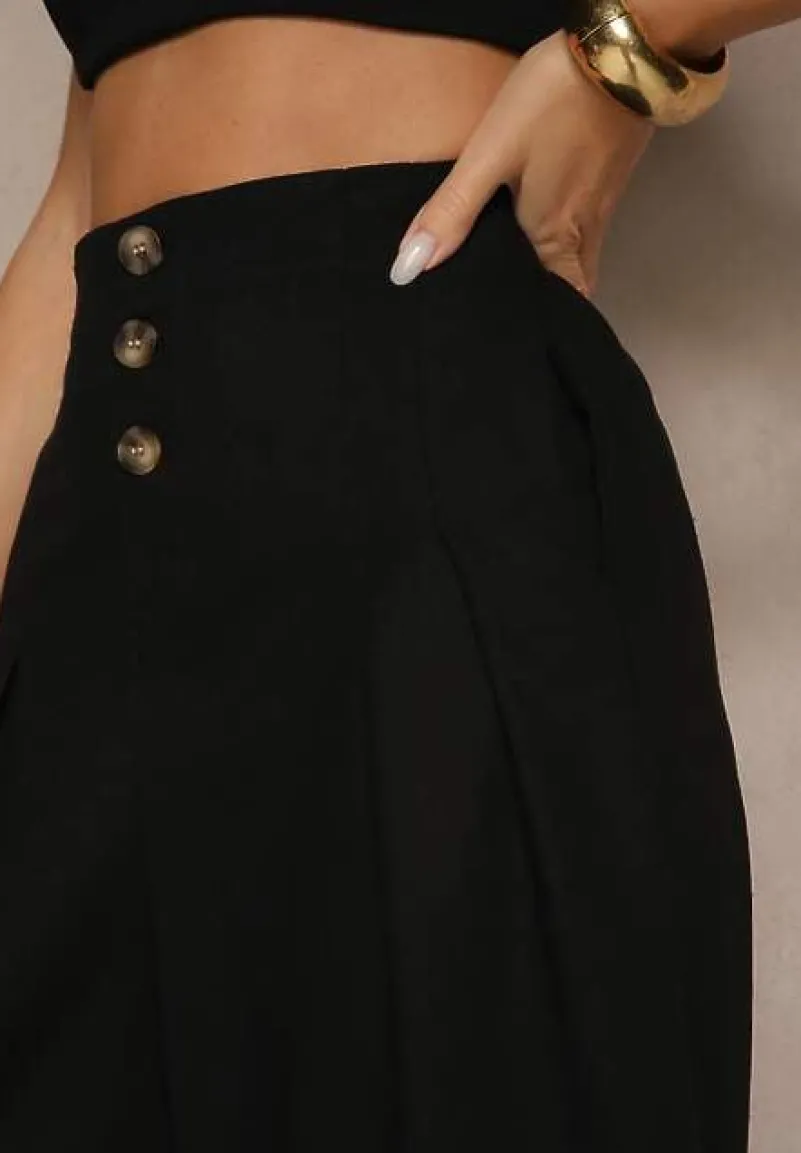 Czarne Spodnie Culottes High Waist z Bawełny Zdobione Guzikami Izuma
