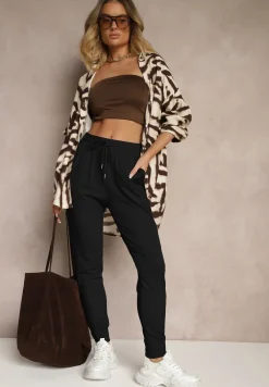 Czarne Spodnie Dresowe z Wiskozą High Waist Ozdobione Sznurkiem Ellivenna