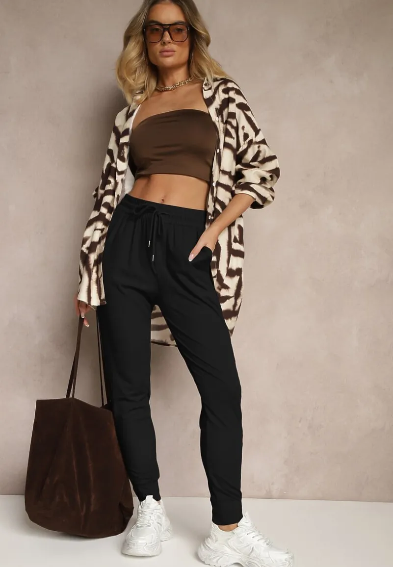 Czarne Spodnie Dresowe z Wiskozą High Waist Ozdobione Sznurkiem Ellivenna