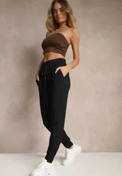 Czarne Spodnie Dresowe z Wiskozą High Waist Ozdobione Sznurkiem Ellivenna