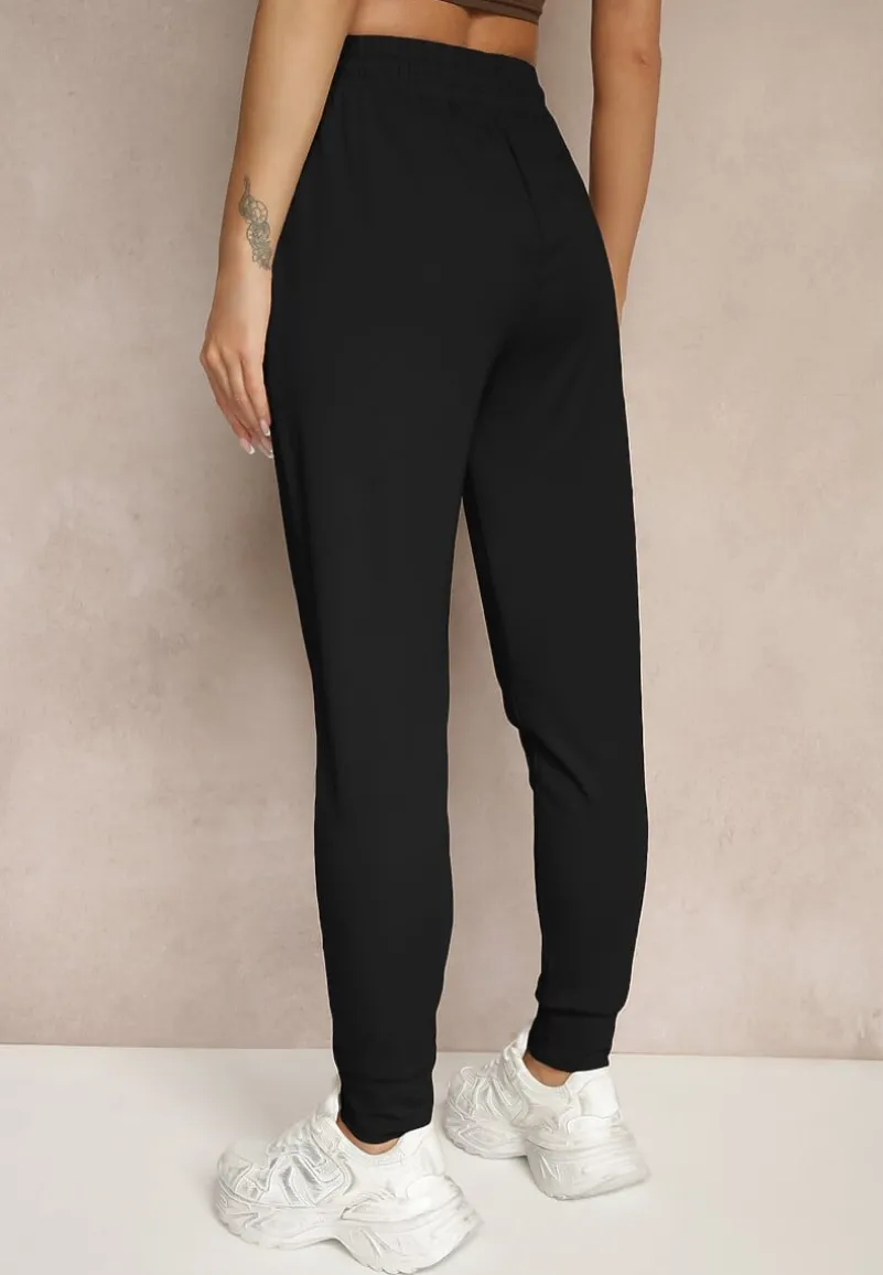 Czarne Spodnie Dresowe z Wiskozą High Waist Ozdobione Sznurkiem Ellivenna