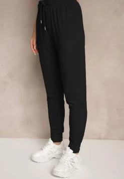 Czarne Spodnie Dresowe z Wiskozą High Waist Ozdobione Sznurkiem Ellivenna