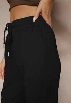 Czarne Spodnie Dresowe z Wiskozą High Waist Ozdobione Sznurkiem Ellivenna