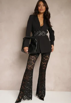 Czarne Spodnie Dzwony z Koronkowego Materiału Vortika