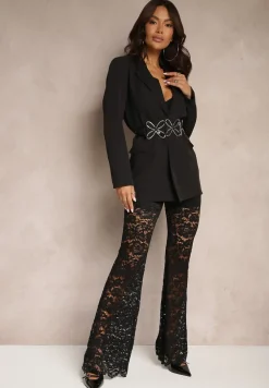 Czarne Spodnie Dzwony z Koronkowego Materiału Vortika