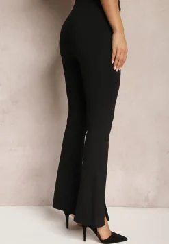 Czarne Spodnie Flare z Rozcięciem przy Nogawce Hekenia