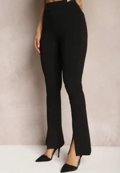 Czarne Spodnie Flare z Rozcięciem przy Nogawce Hekenia