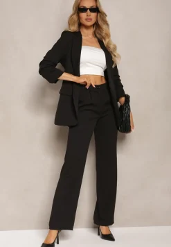 Czarne Spodnie Garniturowe z Lekko Rozszerzanymi Nogawkami Lienta