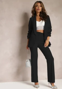 Czarne Spodnie Garniturowe z Wysokim Stanem i Gumką w Pasie Casemea
