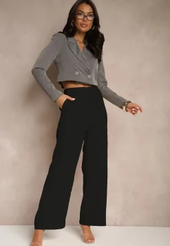 Czarne Spodnie Garniturowe z Wiskozą High Waist o Szerokim Kroju Lisiorena