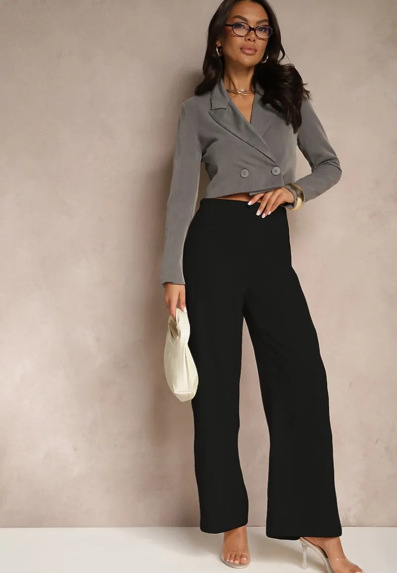 Czarne Spodnie Garniturowe z Wiskozą High Waist o Szerokim Kroju Lisiorena