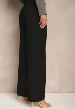 Czarne Spodnie Garniturowe z Wiskozą High Waist o Szerokim Kroju Lisiorena