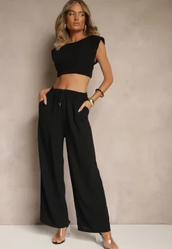 Czarne Spodnie High Waist ze Sznurkiem w Talii i Prostą Nogawką Raveann