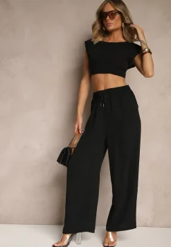 Czarne Spodnie High Waist ze Sznurkiem w Talii i Prostą Nogawką Raveann