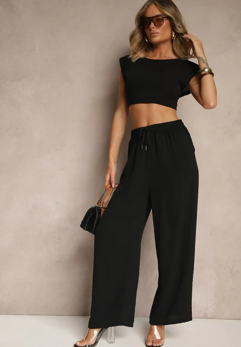 Czarne Spodnie High Waist ze Sznurkiem w Talii i Prostą Nogawką Raveann