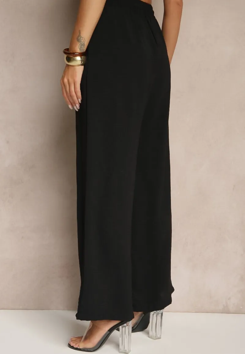 Czarne Spodnie High Waist ze Sznurkiem w Talii i Prostą Nogawką Raveann