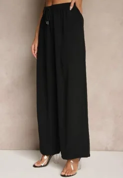 Czarne Spodnie High Waist ze Sznurkiem w Talii i Prostą Nogawką Raveann