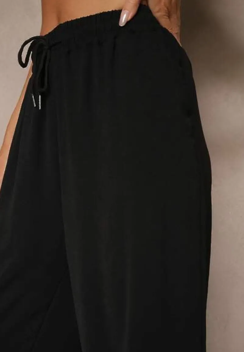 Czarne Spodnie High Waist ze Sznurkiem w Talii i Prostą Nogawką Raveann