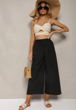 Czarne Spodnie High Waist z Szerokimi Nogawkami z Wiskozą Wykończone Gumką w Talii Crisantas