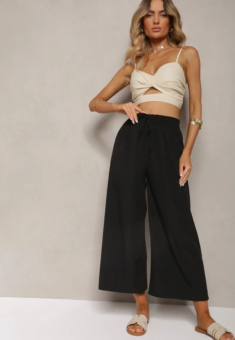 Czarne Spodnie High Waist z Szerokimi Nogawkami z Wiskozą Wykończone Gumką w Talii Crisantas