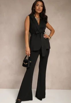 Czarne Spodnie High Waist Dzwony z Wiskozą Blazza