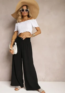 Czarne Spodnie High Waist z Szerokimi Nogawkami i Gumką w Pasie Risabessa