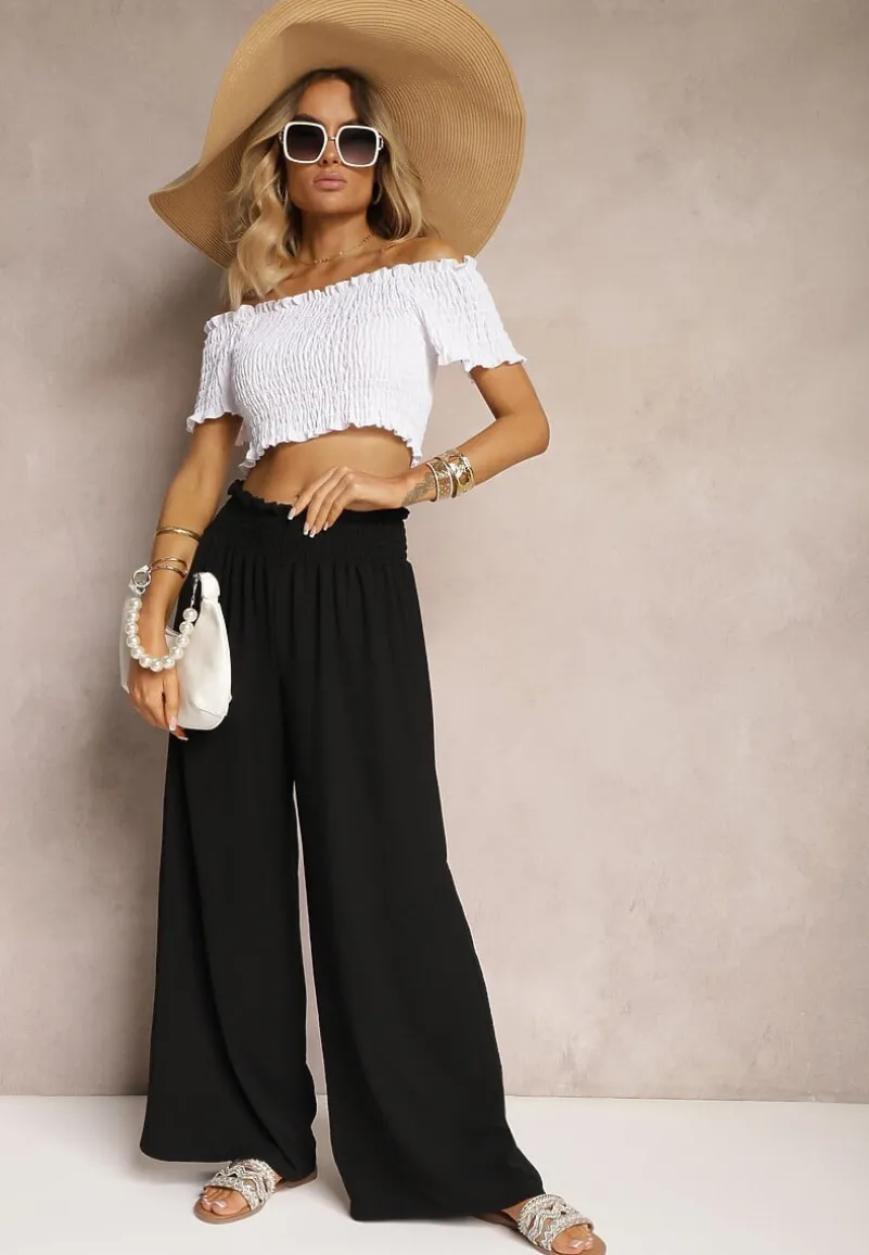 Czarne Spodnie High Waist z Szerokimi Nogawkami i Gumką w Pasie Risabessa