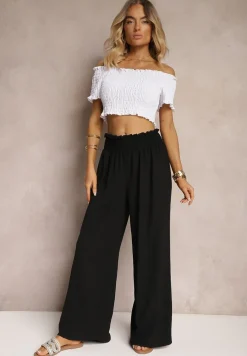 Czarne Spodnie High Waist z Szerokimi Nogawkami i Gumką w Pasie Risabessa