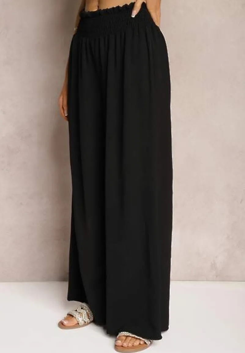 Czarne Spodnie High Waist z Szerokimi Nogawkami i Gumką w Pasie Risabessa