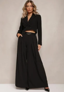 Czarne Spodnie High Waist z Szerokimi Nogawkami i Paskiem Brillara