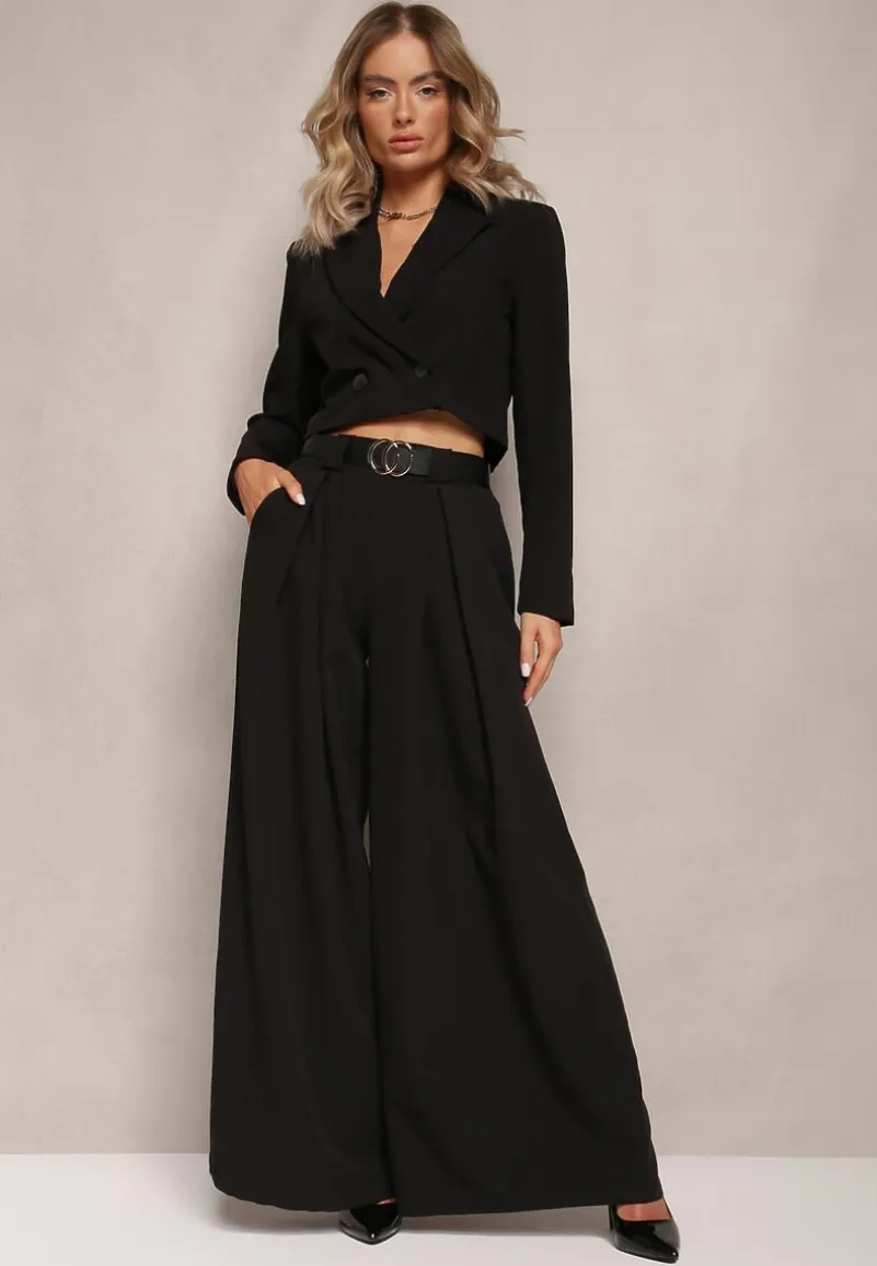 Czarne Spodnie High Waist z Szerokimi Nogawkami i Paskiem Brillara