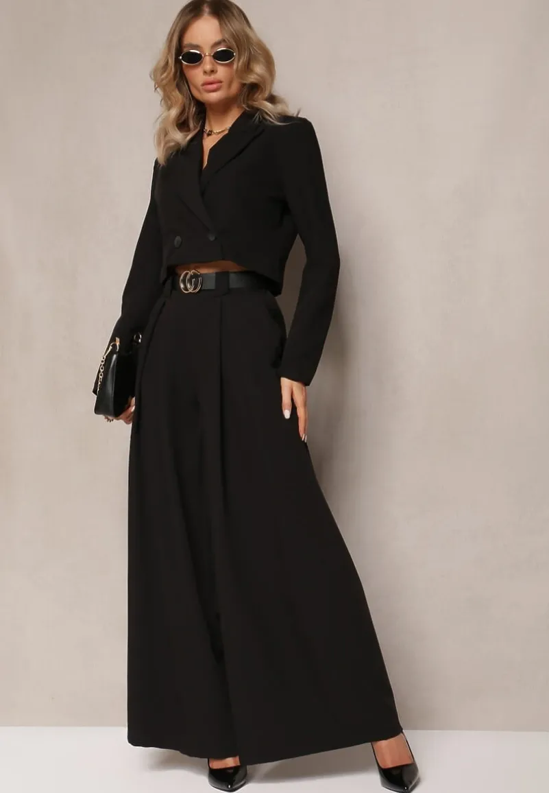 Czarne Spodnie High Waist z Szerokimi Nogawkami i Paskiem Brillara