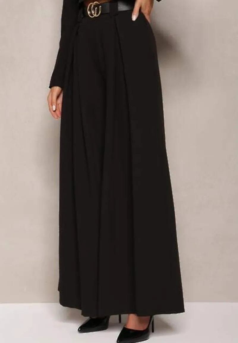 Czarne Spodnie High Waist z Szerokimi Nogawkami i Paskiem Brillara