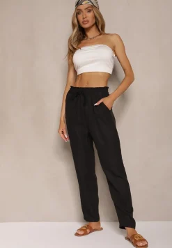 Czarne Spodnie High Waist ze Ściągaczem w Talii i Prostą Nogawką Savonne