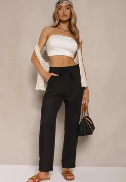 Czarne Spodnie High Waist ze Ściągaczem w Talii i Prostą Nogawką Savonne