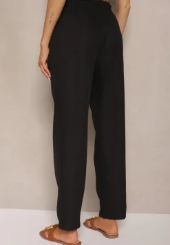 Czarne Spodnie High Waist ze Ściągaczem w Talii i Prostą Nogawką Savonne