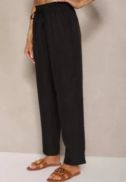 Czarne Spodnie High Waist ze Ściągaczem w Talii i Prostą Nogawką Savonne