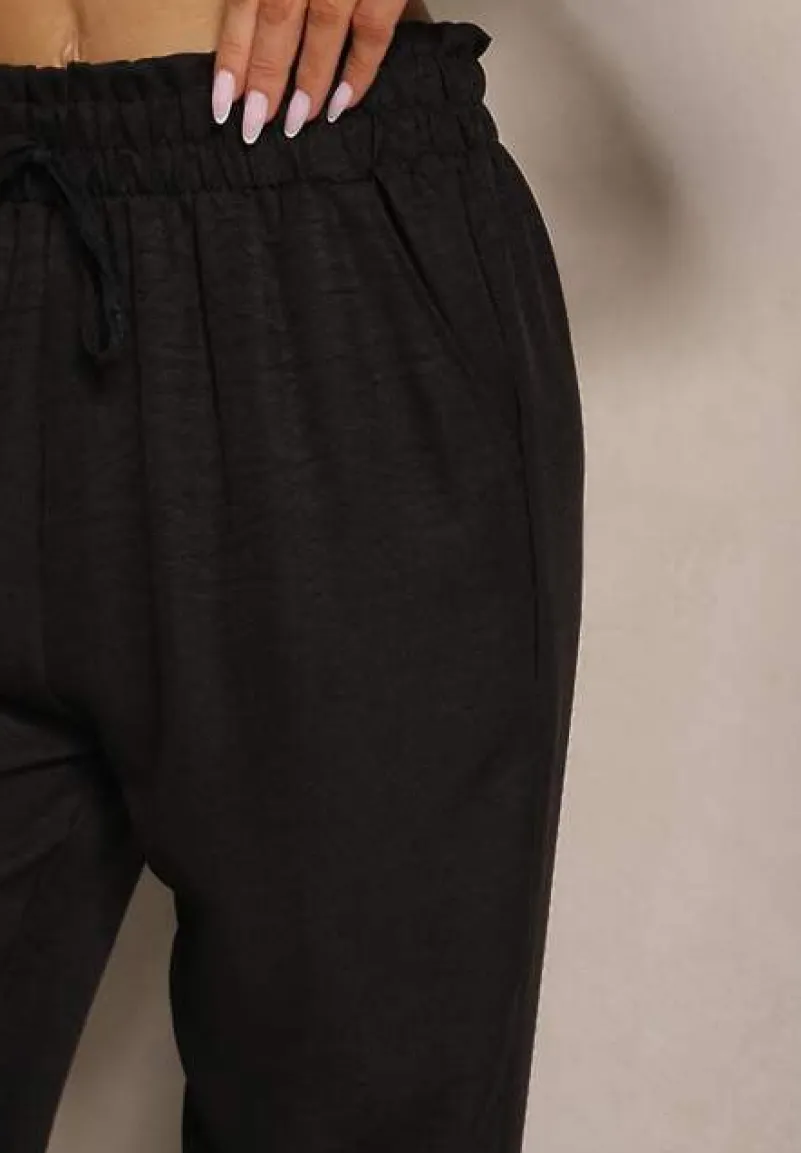 Czarne Spodnie High Waist ze Ściągaczem w Talii i Prostą Nogawką Savonne