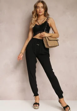 Czarne Spodnie Joggery z Gumką w Pasie Canie