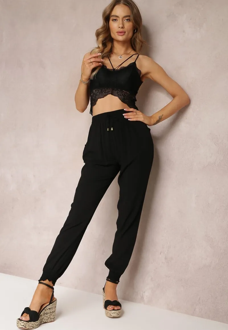 Czarne Spodnie Joggery z Gumką w Pasie Canie