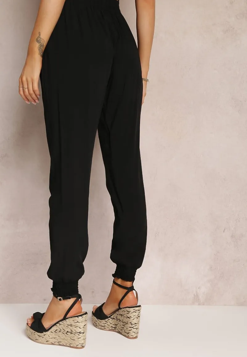 Czarne Spodnie Joggery z Gumką w Pasie Canie
