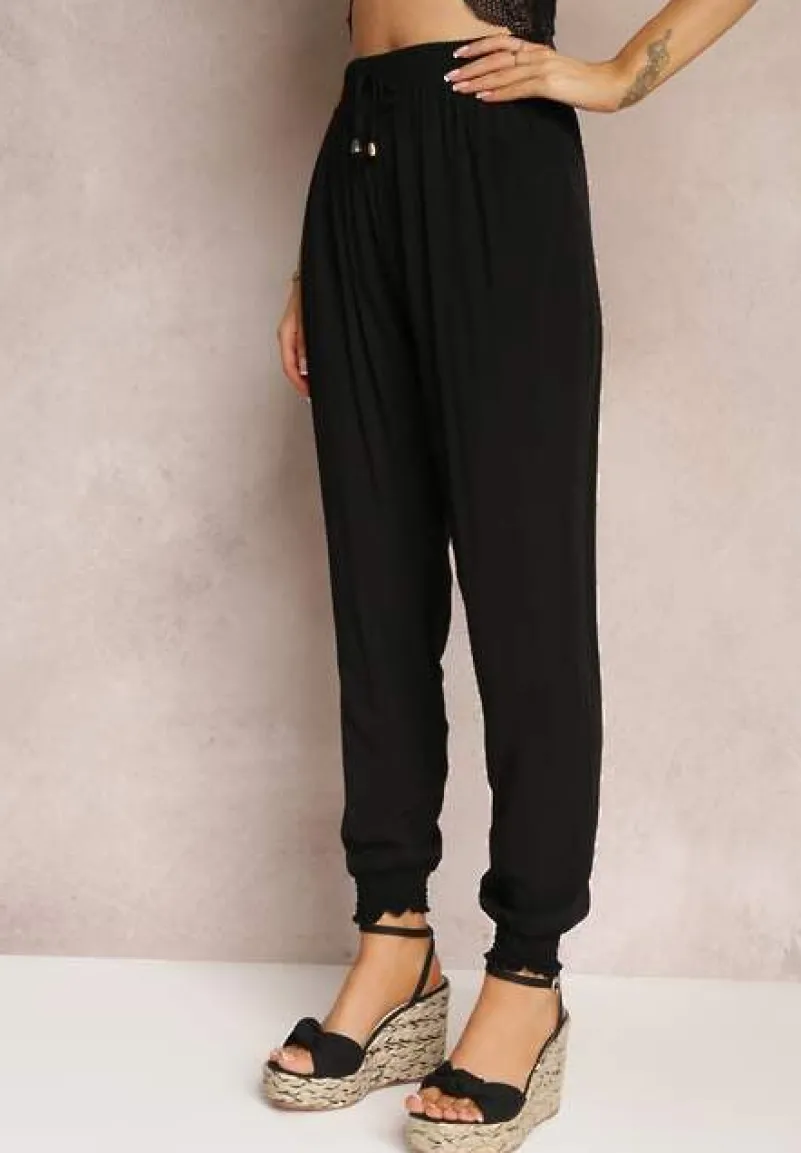 Czarne Spodnie Joggery z Gumką w Pasie Canie