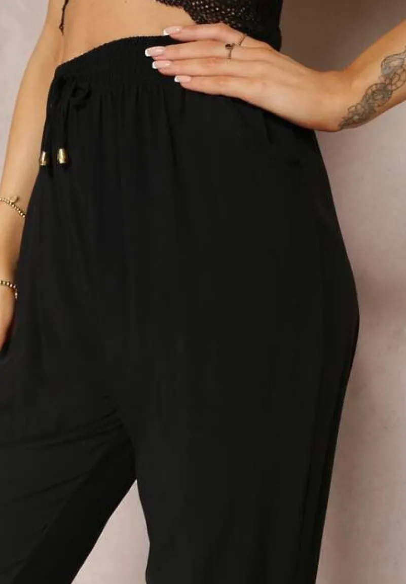 Czarne Spodnie Joggery z Gumką w Pasie Canie