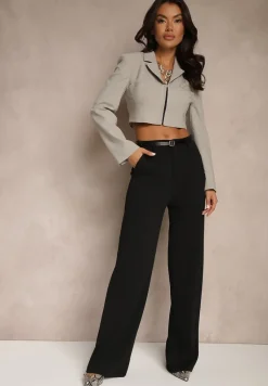 Czarne Spodnie o Garniturowym Fasonie z Wiskozą i Prostymi Nogawkami Senarielia