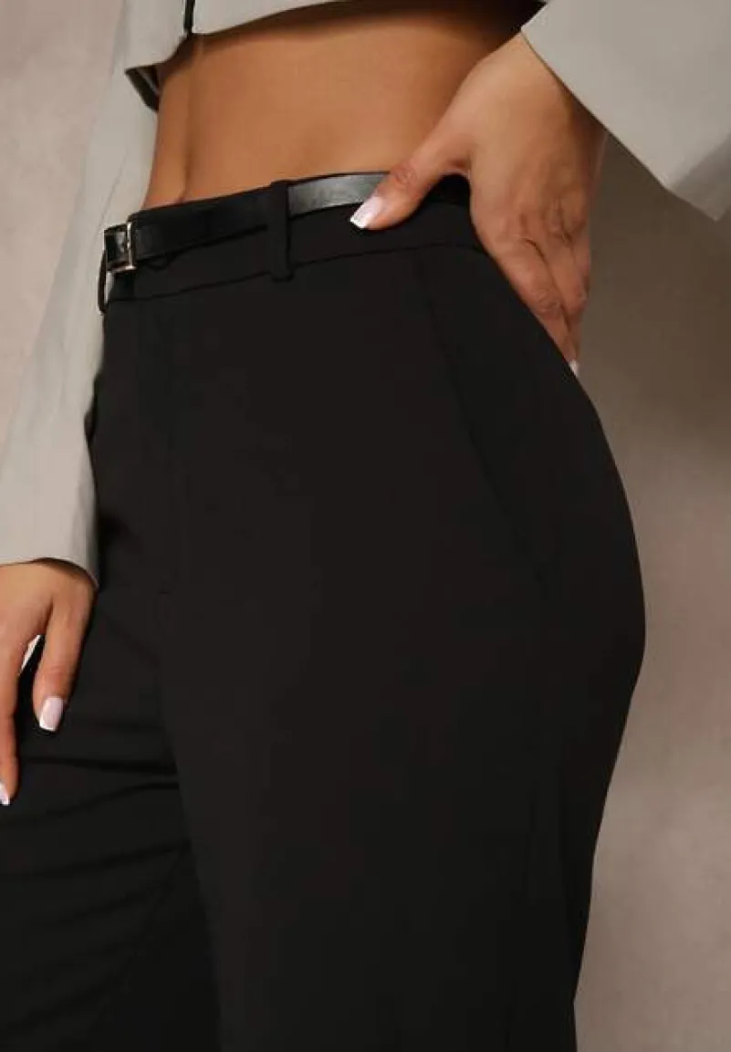 Czarne Spodnie o Garniturowym Fasonie z Wiskozą i Prostymi Nogawkami Senarielia