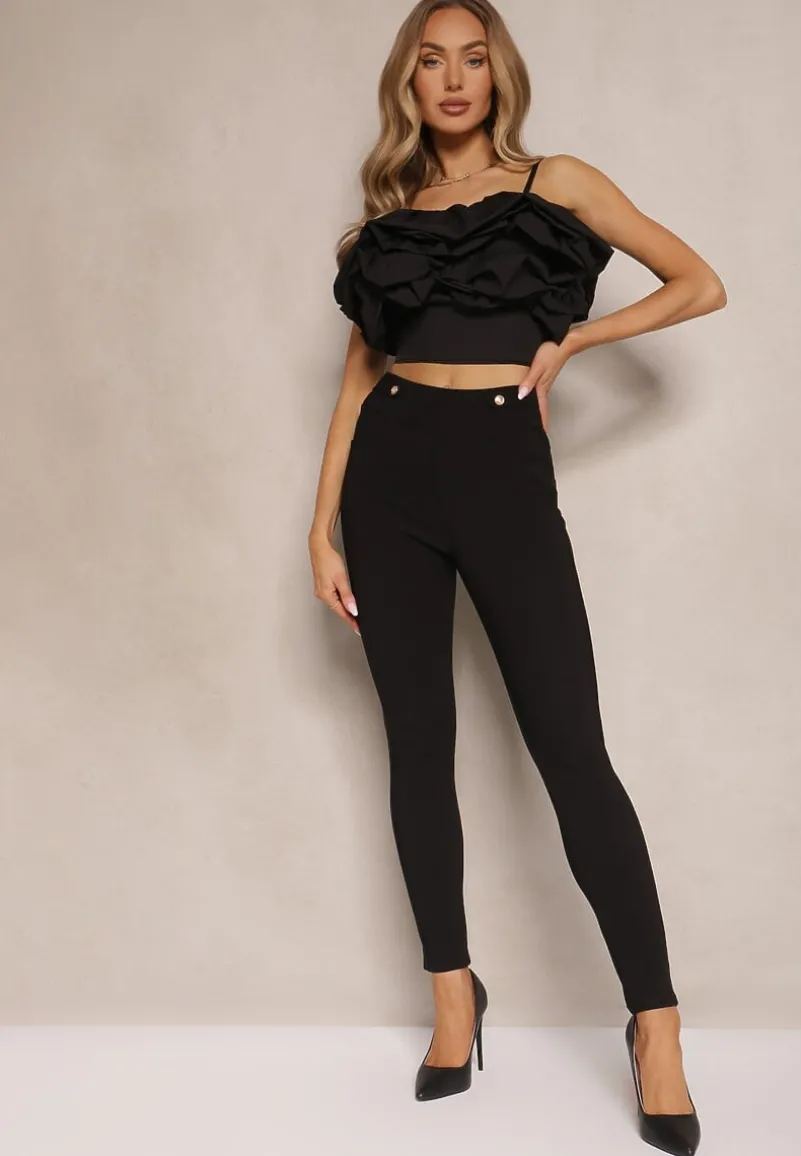 Czarne Spodnie o Klasycznym Fasonie High Waist z Guzikami Tiadira