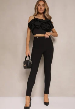 Czarne Spodnie o Klasycznym Fasonie High Waist z Guzikami Tiadira