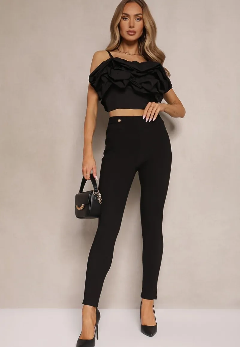 Czarne Spodnie o Klasycznym Fasonie High Waist z Guzikami Tiadira