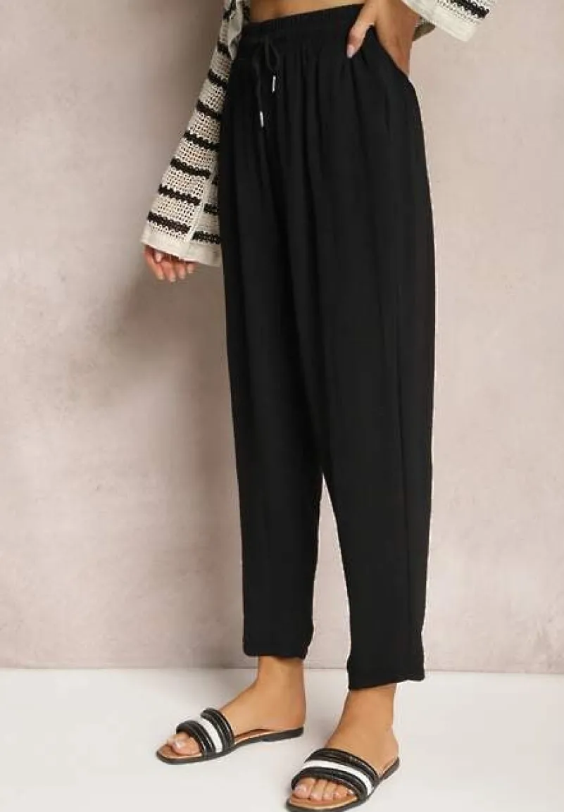 Czarne Spodnie o Luźnym Fasonie ze Sznurkiem i Gumką w Talii Enivea