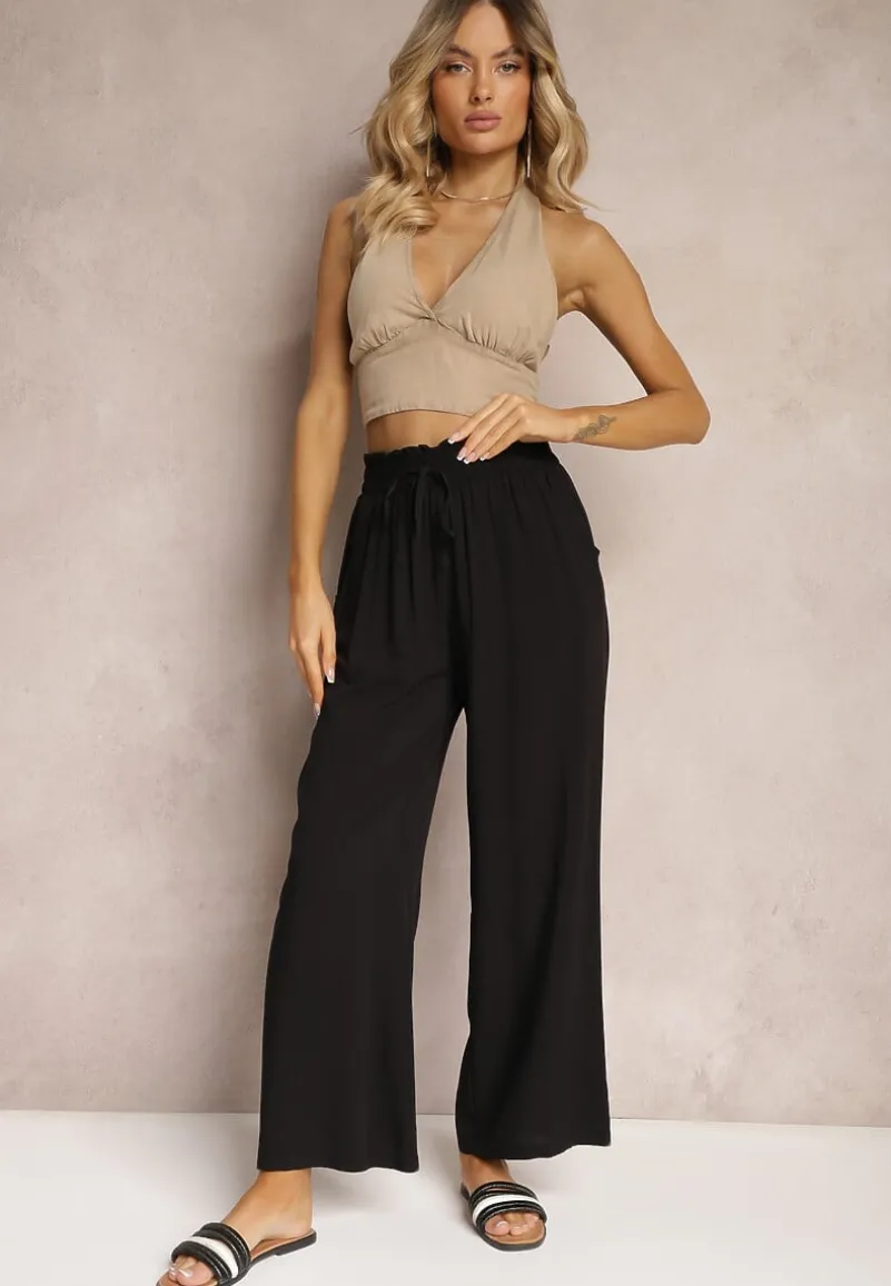 Czarne Spodnie Palazzo High Waist z Bawełny Wykończone Gumką w Talii Nellsea